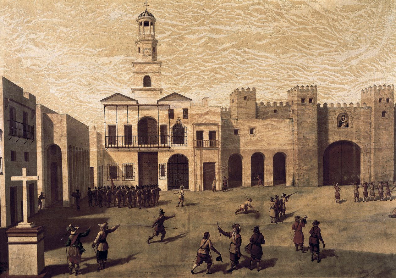 Pohled na náměstí San Juan de Dios (Svatý Jan z Boha) a radnici v Cádizu, v roce 1596. Obraz J. Garcia (16. čt). Olej na plátně od J. Garcia