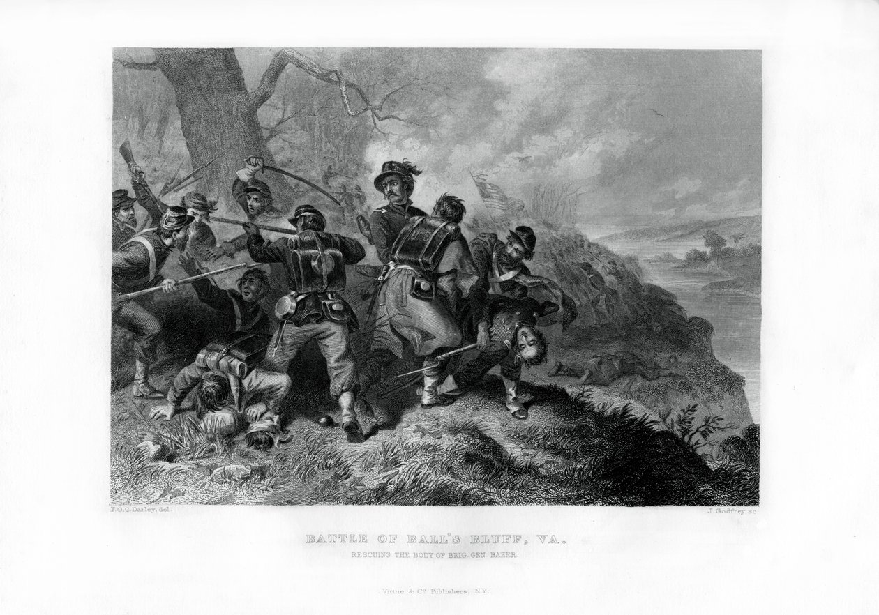 Záchrana těla plukovníka Edwarda Bakera, Battle of Balls Bluff, Virginia, 1862-1867. od J. Godfrey