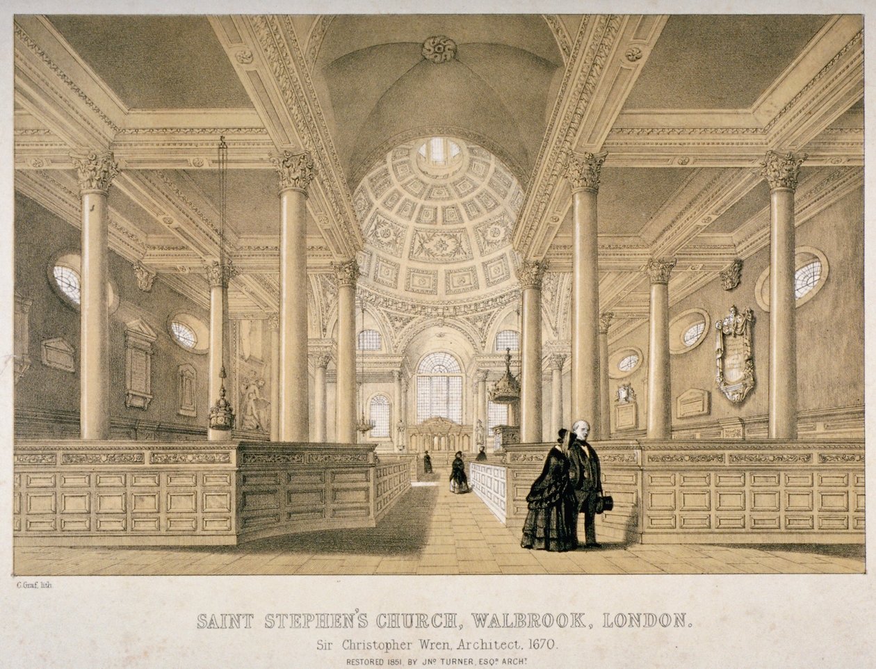 Vnitřní pohled na východ, kostel St Stephen Walbrook, City of London, 1851 od J Graf