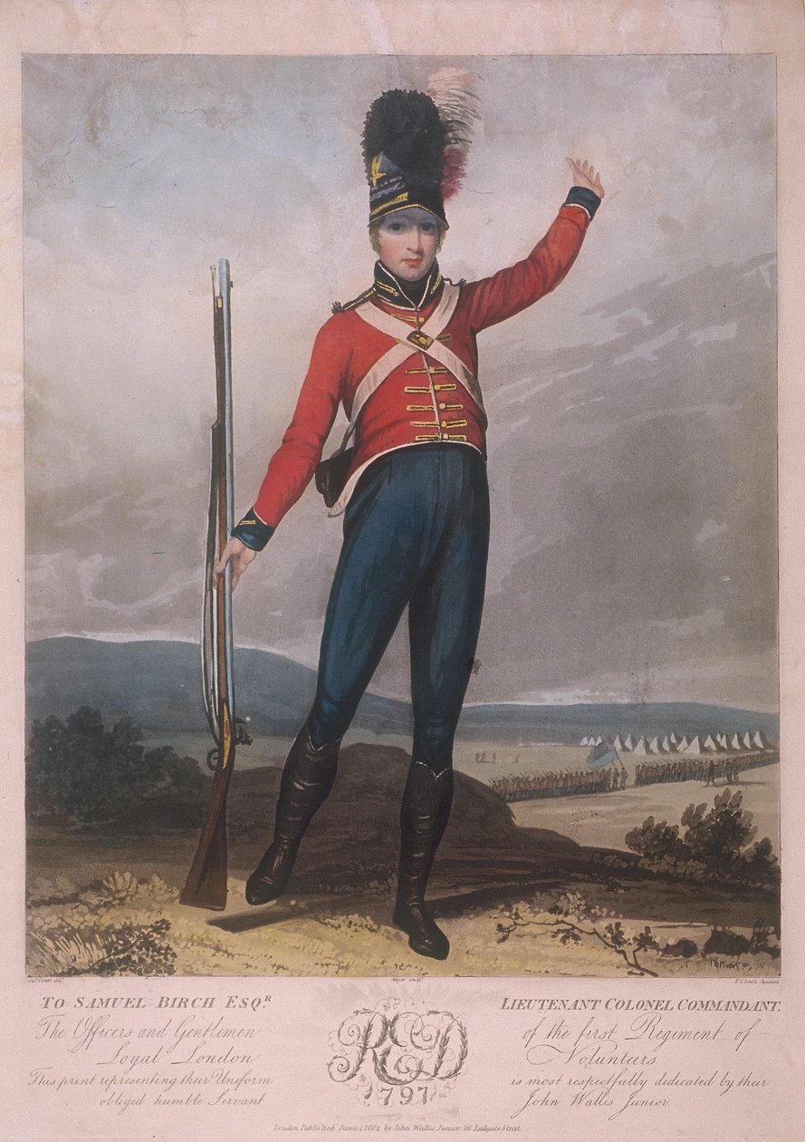 Vojenská postava v uniformě prvního pluku Loyal London Volunteers, 1797 od J Green