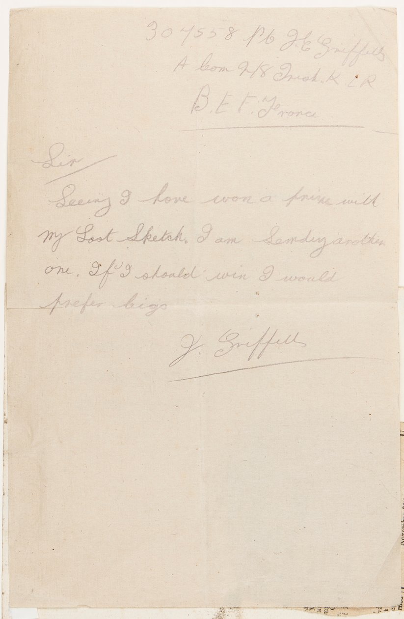 Dopis soutěžnímu redaktorovi Liverpool Weekly Courier, 1917 od J. Griffiths