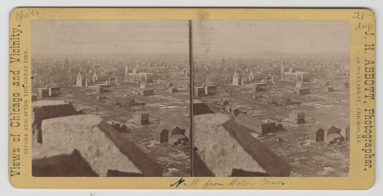 Stereograf pohledu severozápadně od Water Tower po požáru v Chicagu v roce 1871 od J. H. Abbott