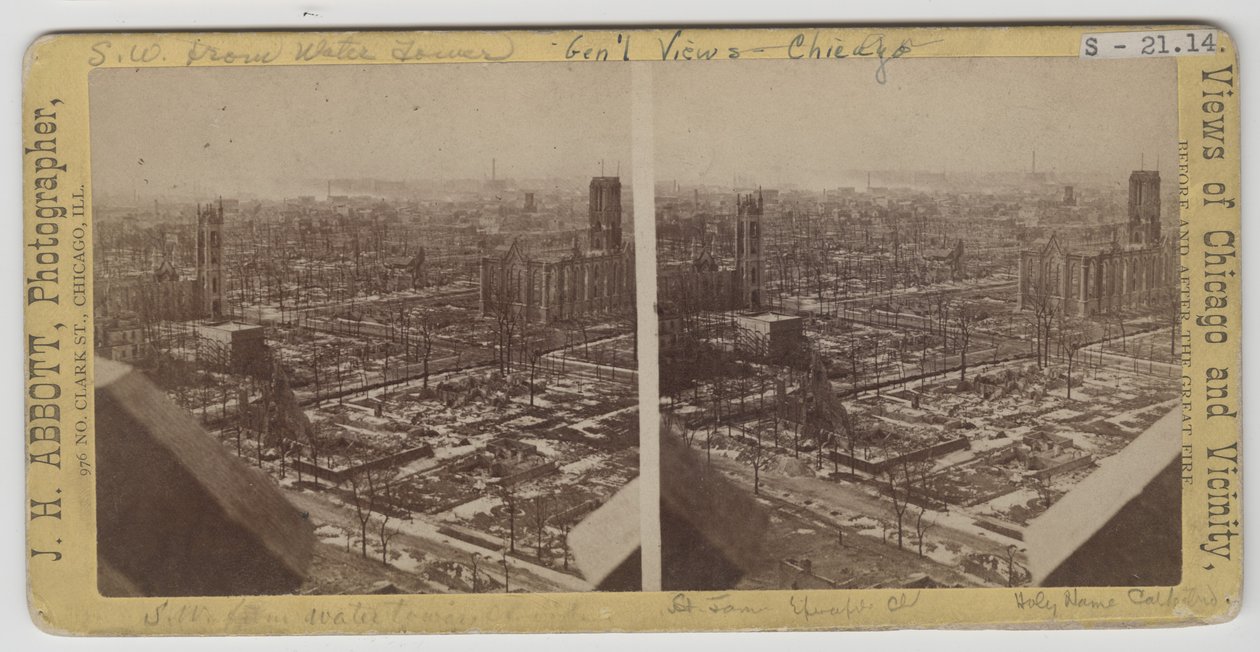Stereograf pohledu jihozápadně od Water Tower po požáru v Chicagu v roce 1871 od J. H. Abbott
