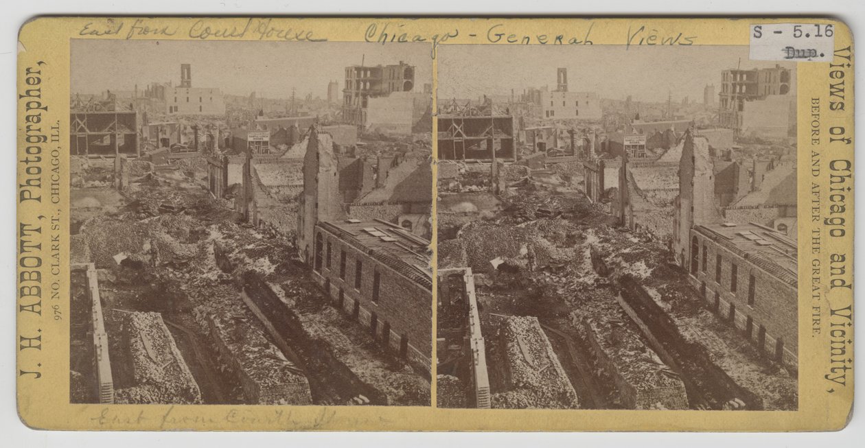 Pohled na východ od soudní budovy po požáru v Chicagu v roce 1871 od J. H. Abbott