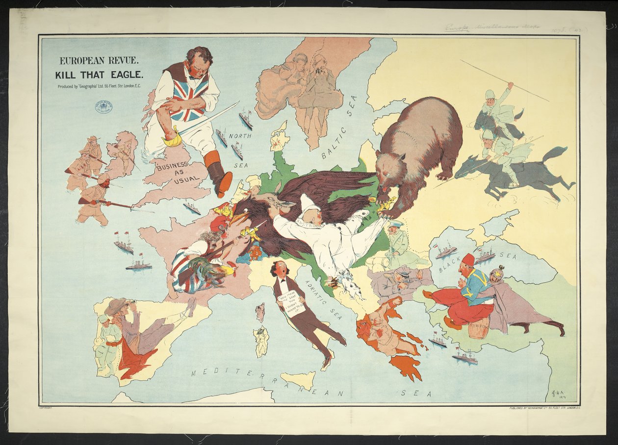 Kreslená mapa evropského válečného prostoru s názvem „European Revue Kill that Eagle“ od J. H. Amschewitz