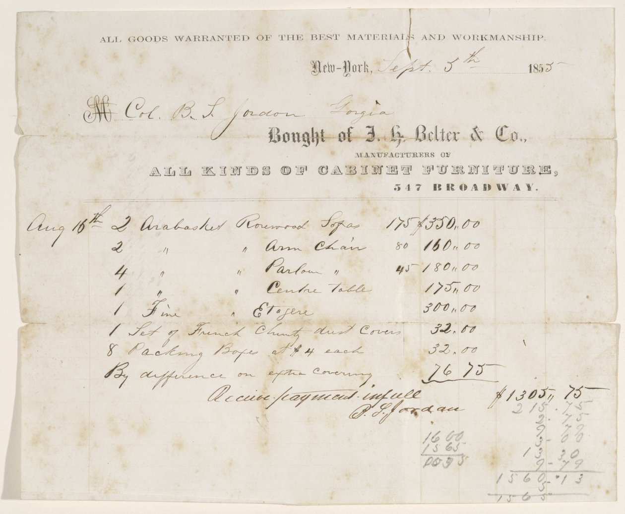 Kupní smlouva plukovníkovi B. S. Jordanovi, 5. září 1855 (inkoust na papíře) od J. H. Belter and Co. J. H. Belter and Co.