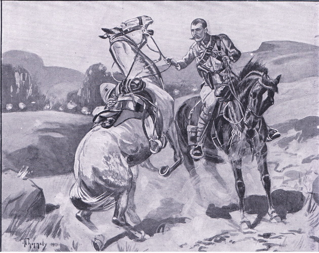 Major Brown, 14. husaři, držící koně Browns pod těžkou palbou, ilustrace z Po Pretorii: Guerilla War, 1902 od J. H. Thorneley