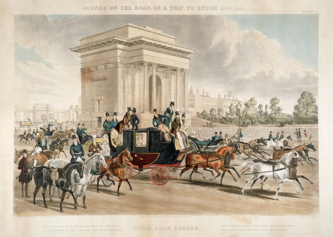 Koňské povozy podél Hyde Park Corner, Londýn, 1838 od J Harris