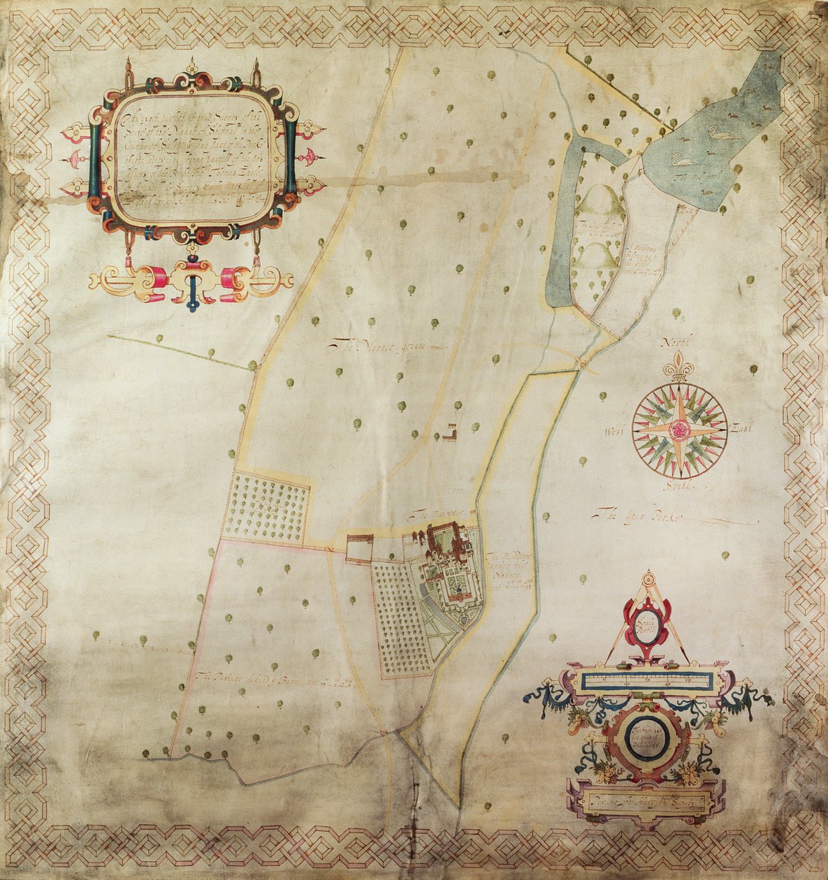 Mapa panství Shifnal, Shropshire, 1635 (inkoust a barva na pergamenu) od J. Harrison