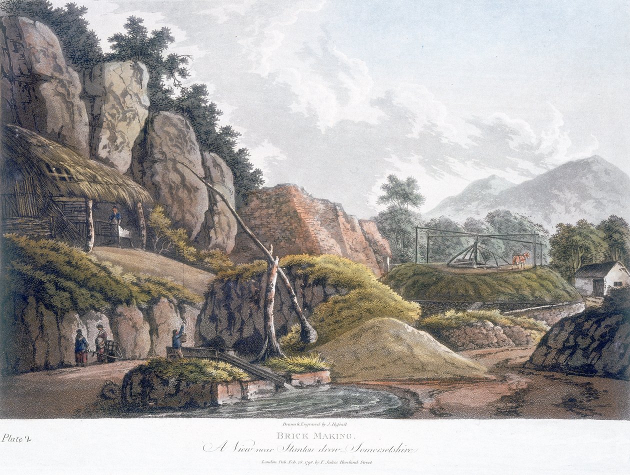 Brick Making poblíž Stanton Drew, Somerset, 28. února 1798 (barevná akvatinta) od J. Hassall