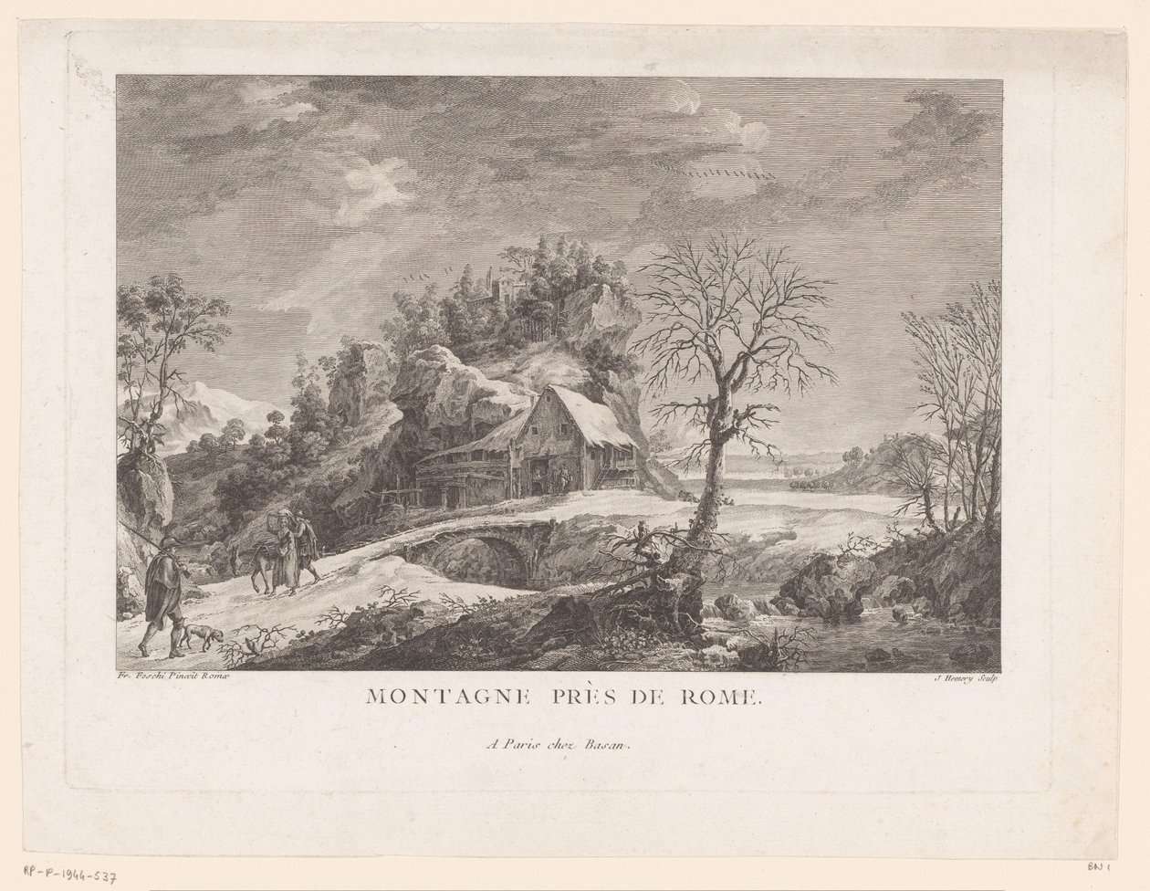 Pohled na dům poblíž mostu s postavami Montagne près de Rome (název na objektu) od J. Hémery