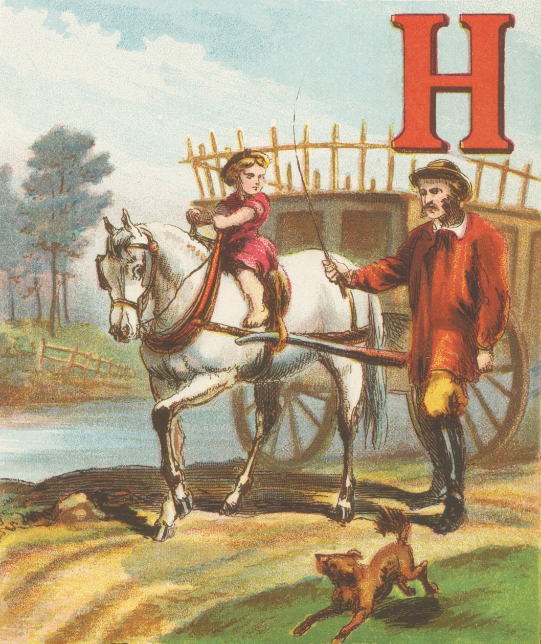 H: H je kůň, tak elegantní a tak silný; táhne vůz se senem na louku podél. od J. Howard