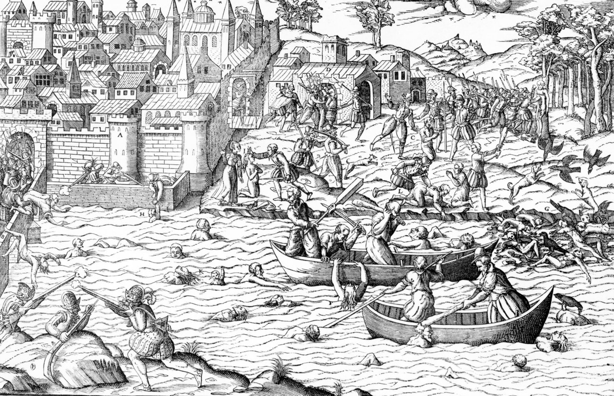 Masakr v Tours, z knihy "Les Guerres de Religion od J. J. & Tortorel J. (fl.1568-92) Perrissin