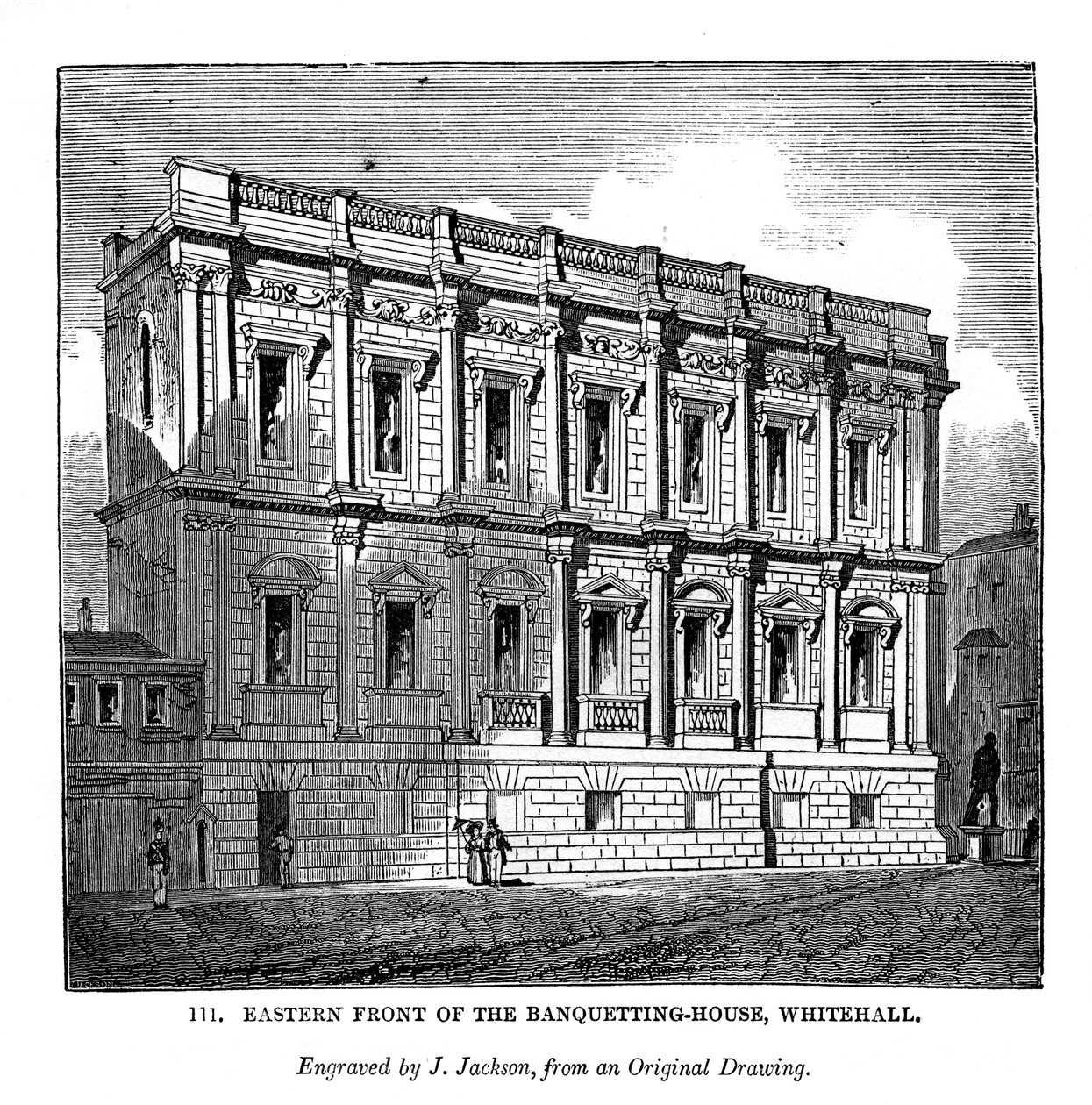 Východní fronta hodovního domu, Whitehall, 1843 od J. Jackson