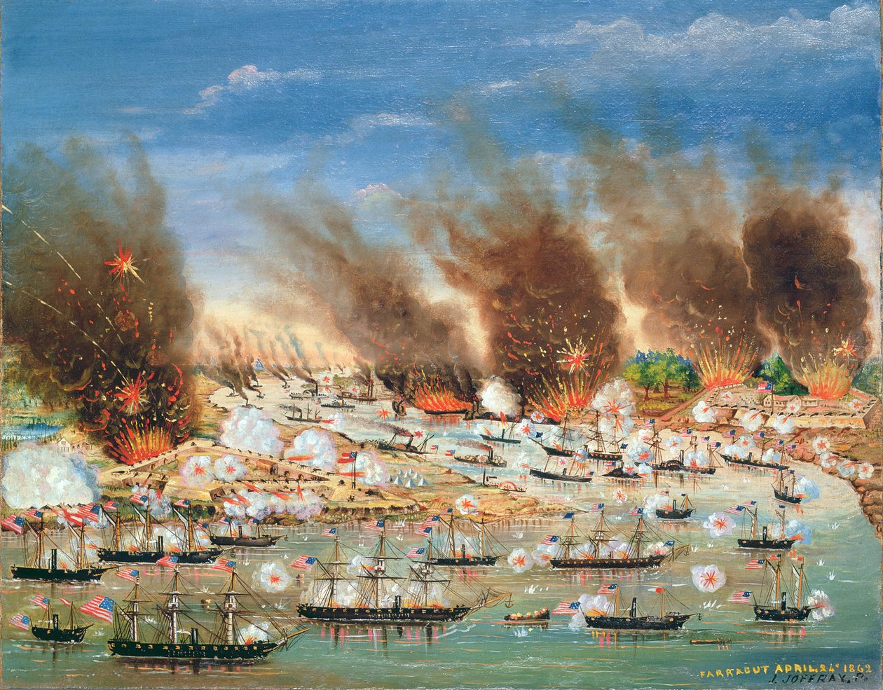 Farragutská flotila kolem Fort Jackson a Fort St. Philip, 1862 od J. Joffray