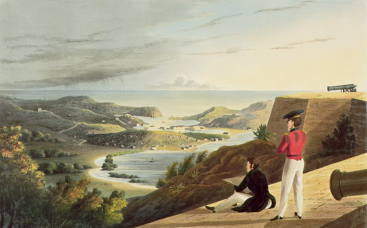 Pohled na anglický přístav, Antigua z Great George Fort, Monks Hill, vyryl T. Fielding, hospoda. T. a G. Underwood, 1827 od J. Johnson