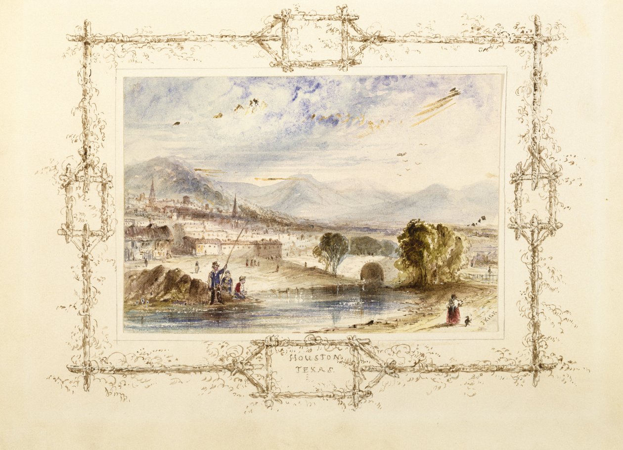 Pohled na Houston, c. 1846 (akvarel na tkaném hadrovém papíře s želatinovými odlesky na sekundární podložce tkaného papíru) od J. Kick