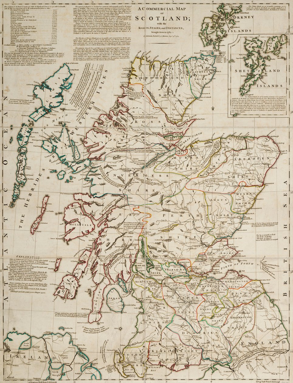 Obchodní mapa Skotska se silnicemi, etapami a vzdálenostmi od J. Knox