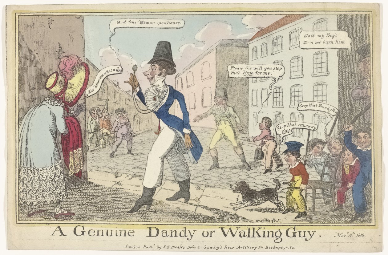 Spotprent op dandy na Guy Fawkes Day Pravý Dandy nebo Walking Guy (název na předmětu) od J. Lewis Marks