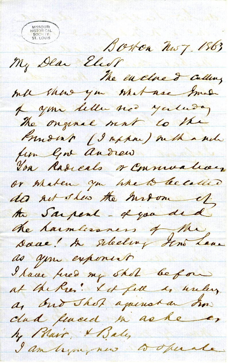 Dopis podepsaný J.M.F. [J.M. Forbes], Boston, Eliotovi [William G. Eliot], 7. listopadu 1863 od J. M. Forbes