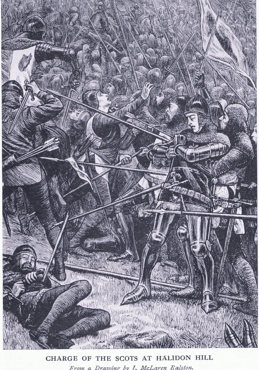 Charge of the Scots at Halidon Hill, z Cassells History of the British People vydané společností Waverley Book Company Limited, kolem roku 1940 od J McLaren Ralston
