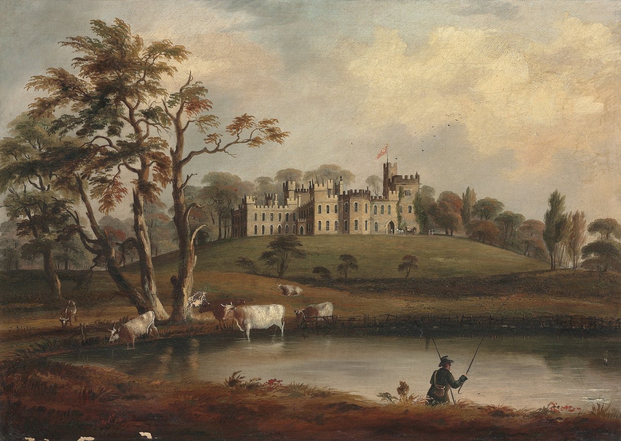 Pohled na hrad Hornby, Yorkshire, s rybářem a dobytkem na břehu řeky Wenning od J. Miller