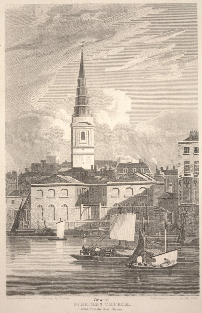 Pohled na kostel St. Brides Church, převzatý z řeky Temže, vyrytý Matthewsem od John Preston Neale