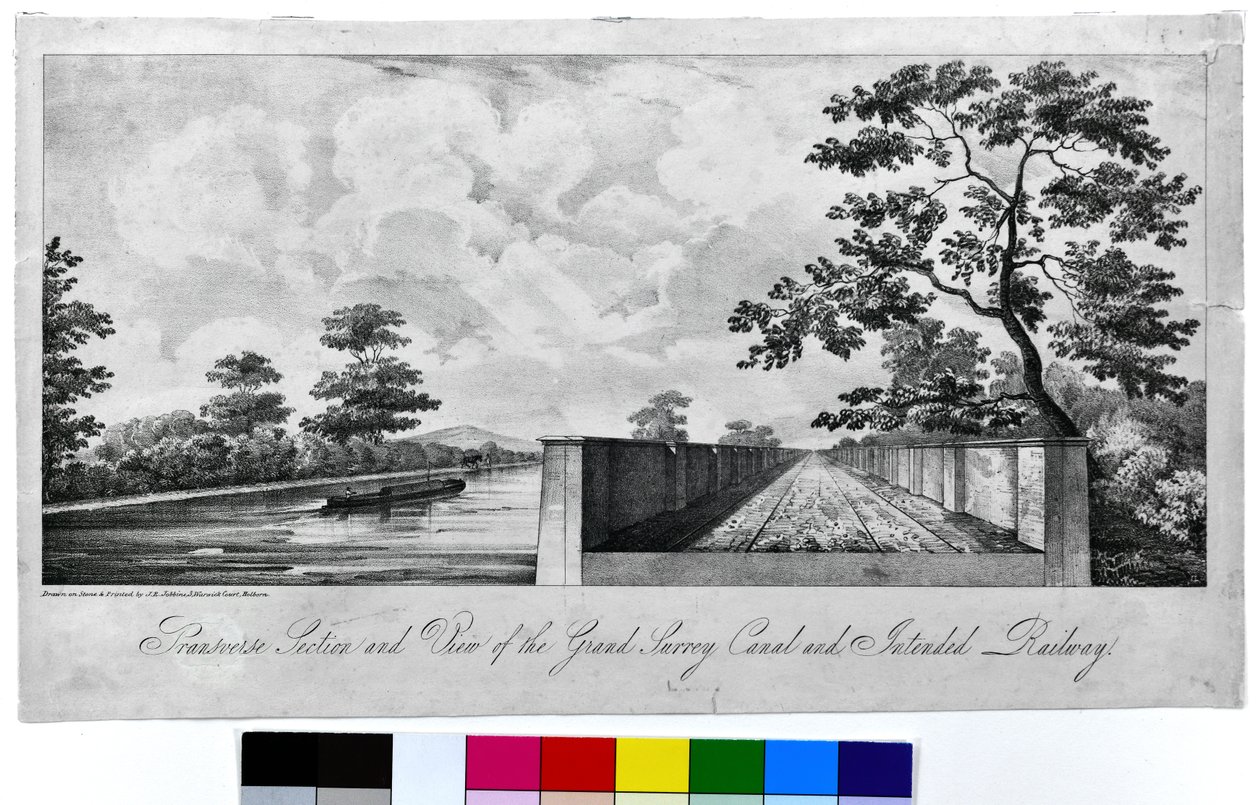 Příčný řez a pohled na Grand Surrey Canal a zamýšlenou železnici, cca 1835 (litografie na papíře) od J. R. Jobbins