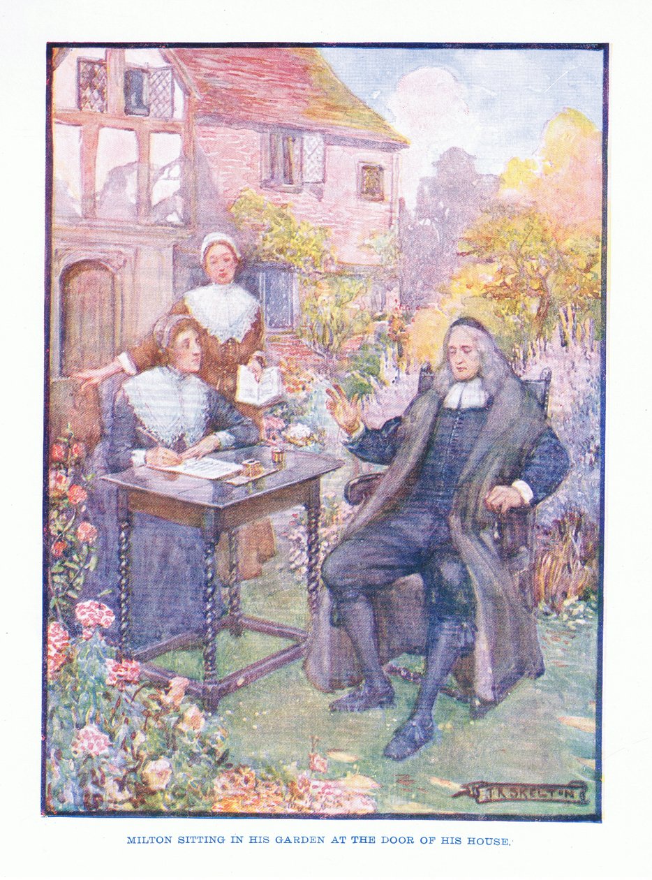 Milton sedí na své zahradě u dveří svého domu, z English Literature pub. od T C & EC Jack, kolem roku 1920 od J. R. Skelton
