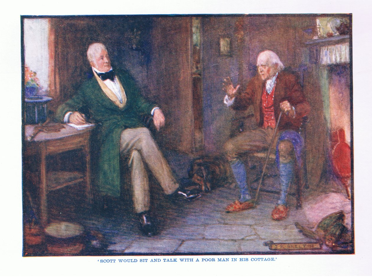 Scott seděl a povídal si s chudým mužem ve své chalupě, z English Literature pub. od T C & EC Jack, kolem roku 1920 od J. R. Skelton
