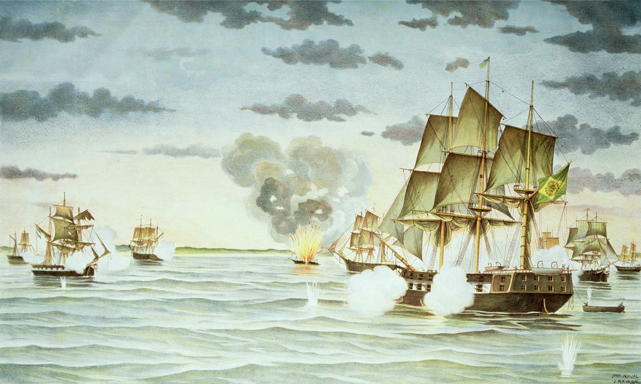 Bitva u Quilmes během cisplatinové války (1825-28) mezi Uruguayí a Brazílií (rytina) od J. Raison