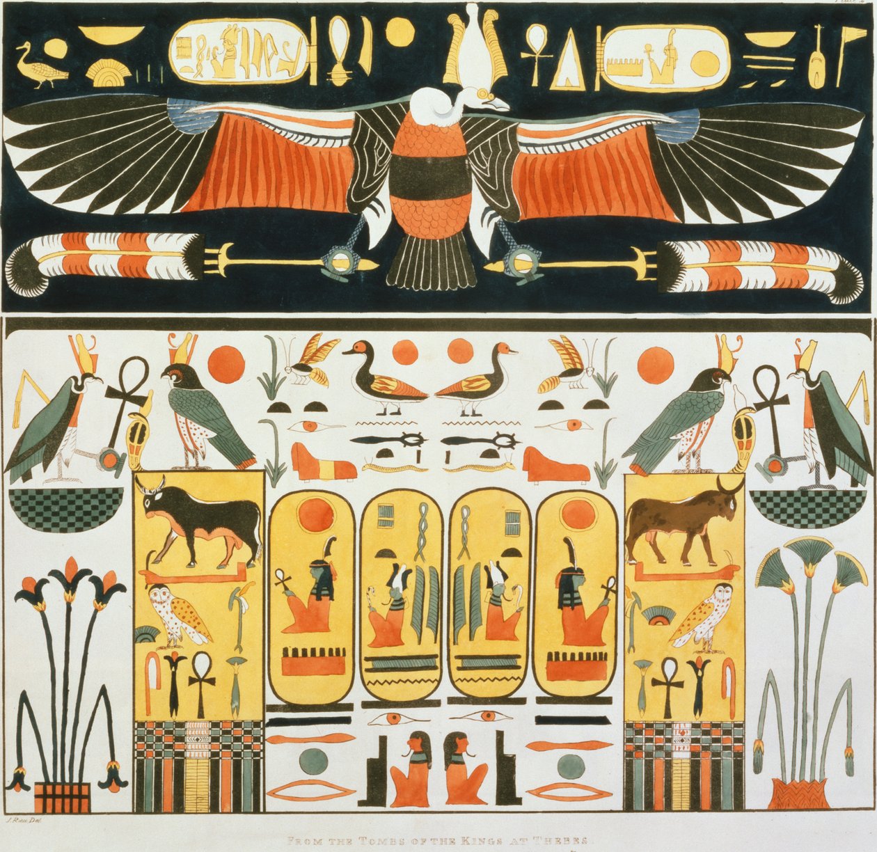 Nástěnná malba z hrobek thébských králů, objevená G. Belzonim, deska 2 z „Plates Illustrative of the Researches in Egypt and Nubia“, rytina Charlese Hullmandela (1789-1850) 1820-22) (lit od J. Ricci