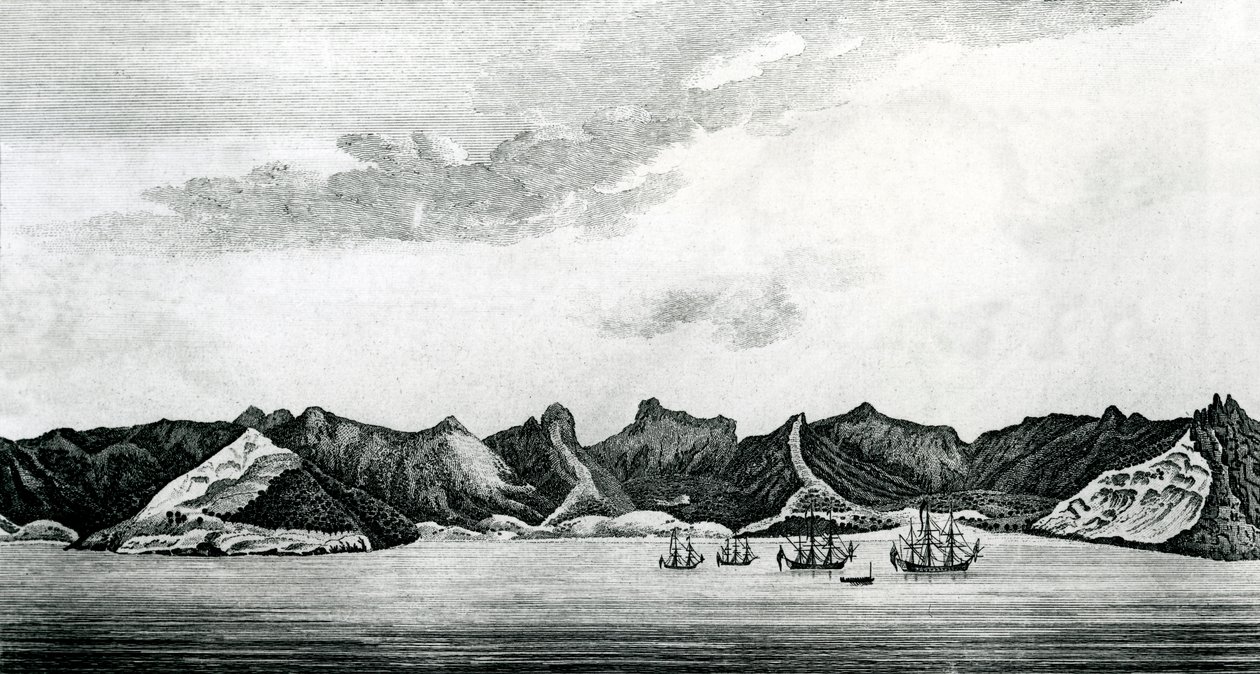 Pohled na Cumberland Bay na ostrově Juan Fernandes, c.1745 (rytina) od J. S. Mason