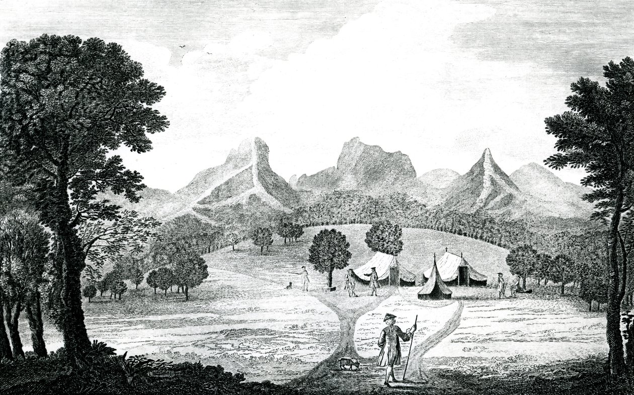 Pohled na stan Commodore na ostrově Juan Fernandes, kolem roku 1745 (rytina) od J. S. Mason