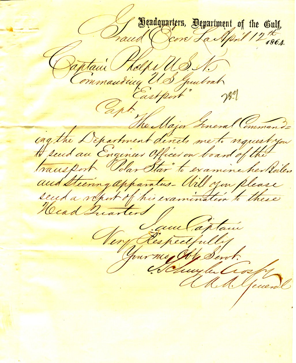 Dopis J. Schuylera Crosbyho, Grand Ecore, Louisiana, Sethovi Ledyardovi Phelpsovi, velící U. S. S. Eastport, 12. dubna 1864 od J. Schuyler Crosby
