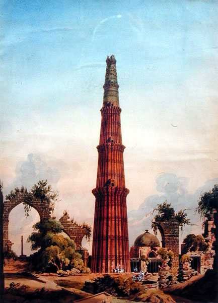 Qutb Minar, Dillí, cca 1815 (akvarel na papíře) od J. Smith