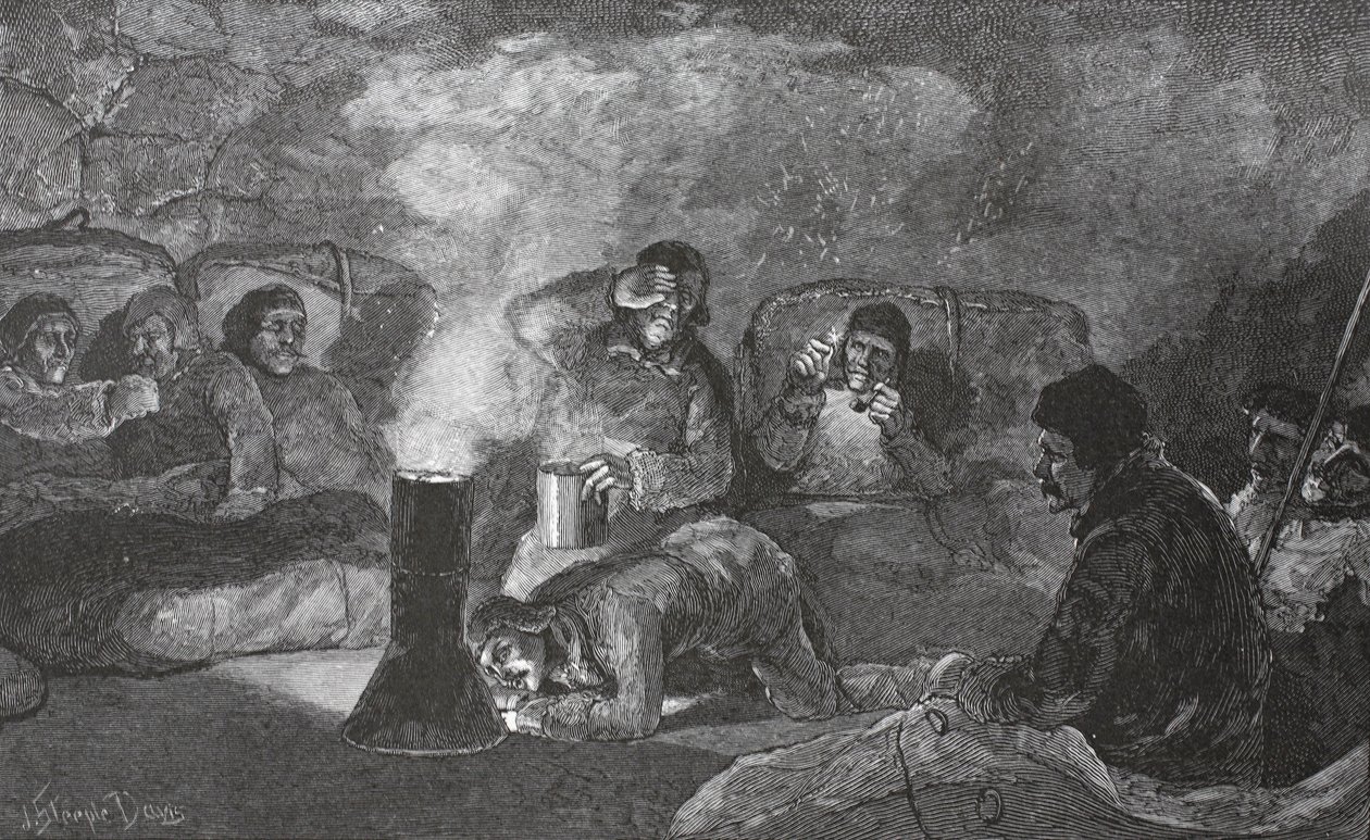 Interiér naší Zimní chaty v Camp Clay, při vaření, hospoda z roku 1883. Londýn 1886 od J. Steeple Davis