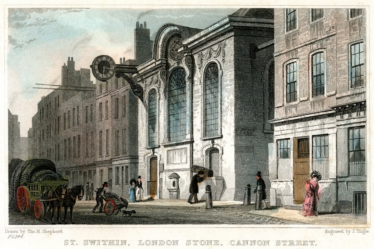Kostel St Swithin a londýnský kámen, Cannon Street, City of London, c1830. od J. Tingle