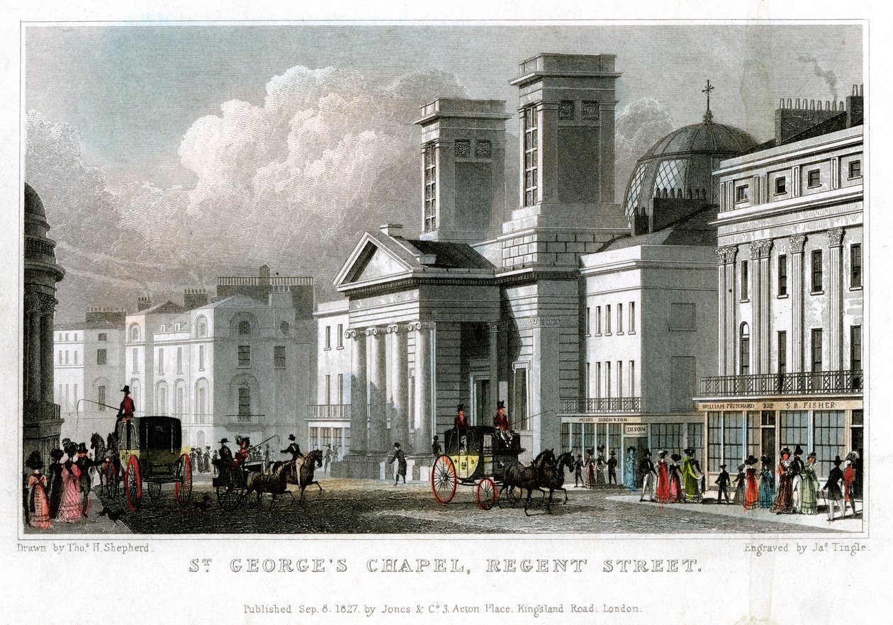St Georges Chapel, Regent Street, Westminster, Londýn, 1827. od J. Tingle