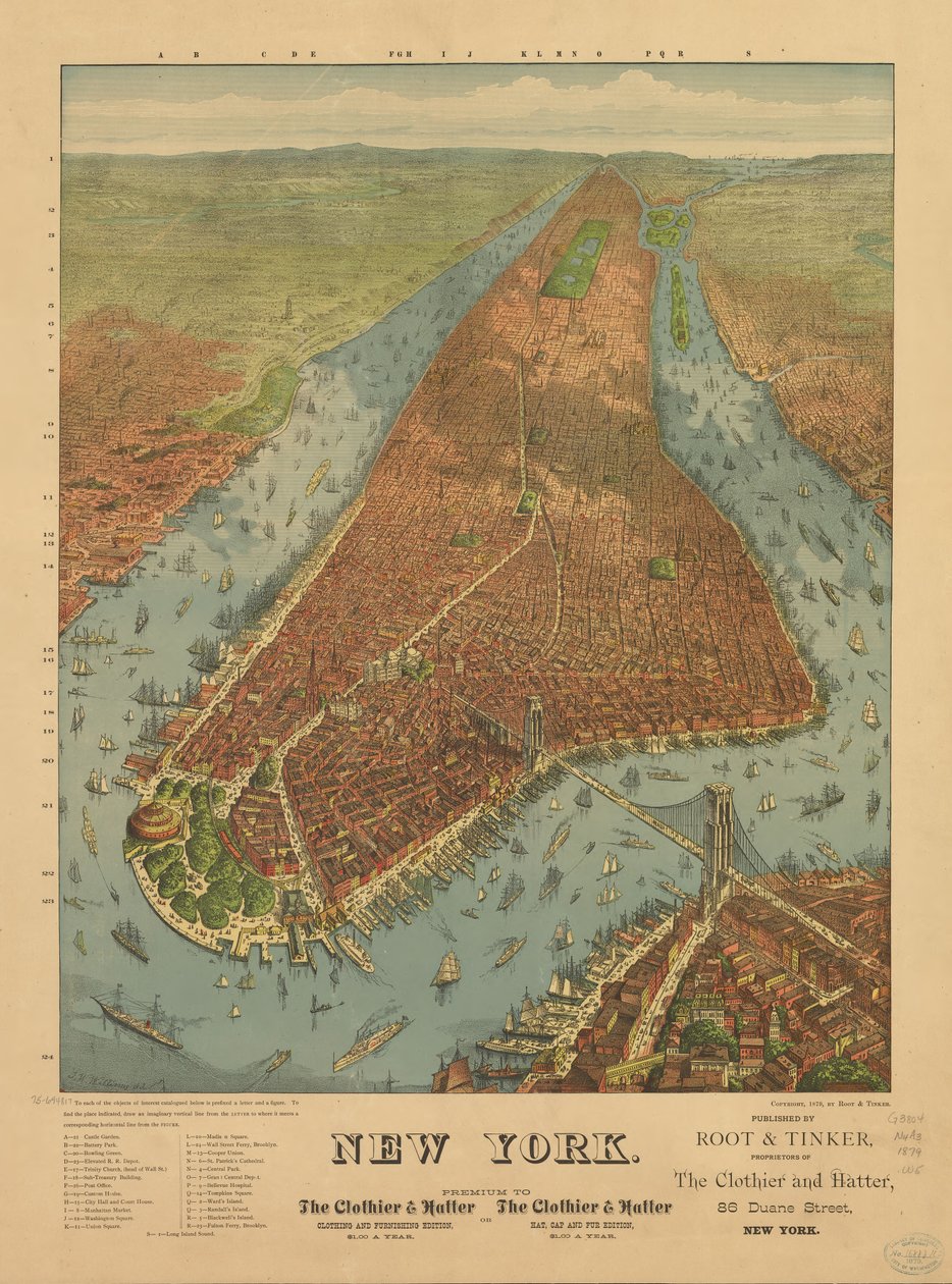 Perspektivní mapa není nakreslena v měřítku. New York od J. W. Root and Tinker Williams