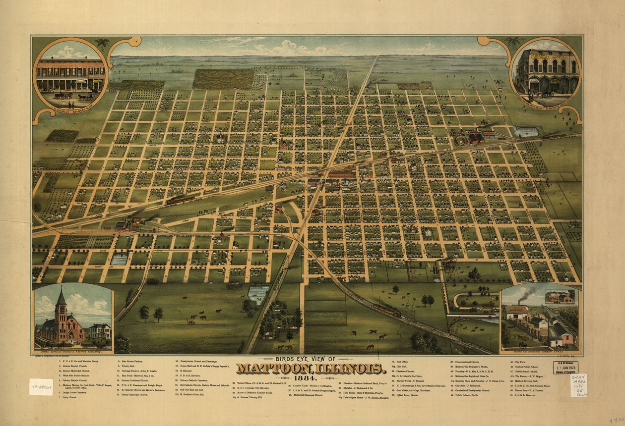 Pohled z ptačí perspektivy na Mattoon, Illinois 1884. od J. W. Shober and Carqueville Smith