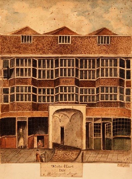 White Hart Inn, Bishopsgate Street, kolem roku 1810 od J. Williams