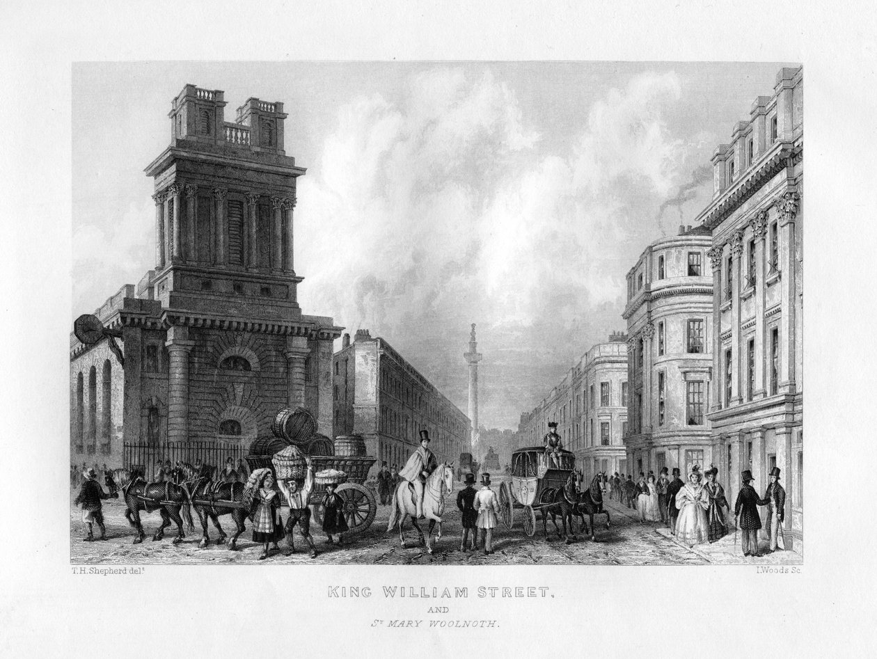 King William Street a St Mary Woolnoth, Londýn, 19. století. od J. Woods