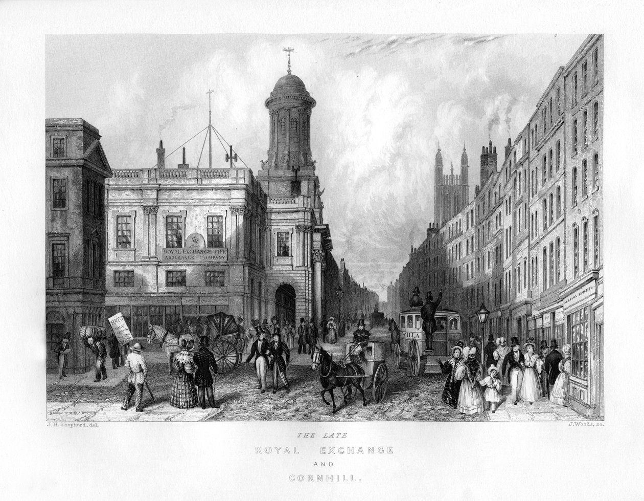 Pozdní Royal Exchange a Cornhill, Londýn, 19. století. od J. Woods