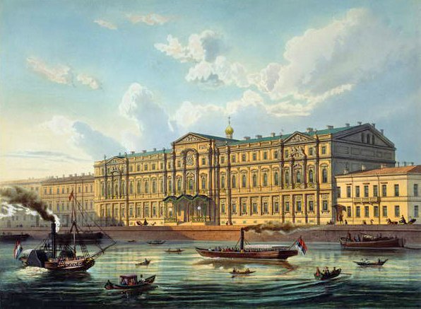 Palác velkovévody Michaila a palácové nábřeží, tisk Jacottet a Bachelier, nakladatelství Lemercier, Paříž, 50. léta 19. století od J. after Charlemagne