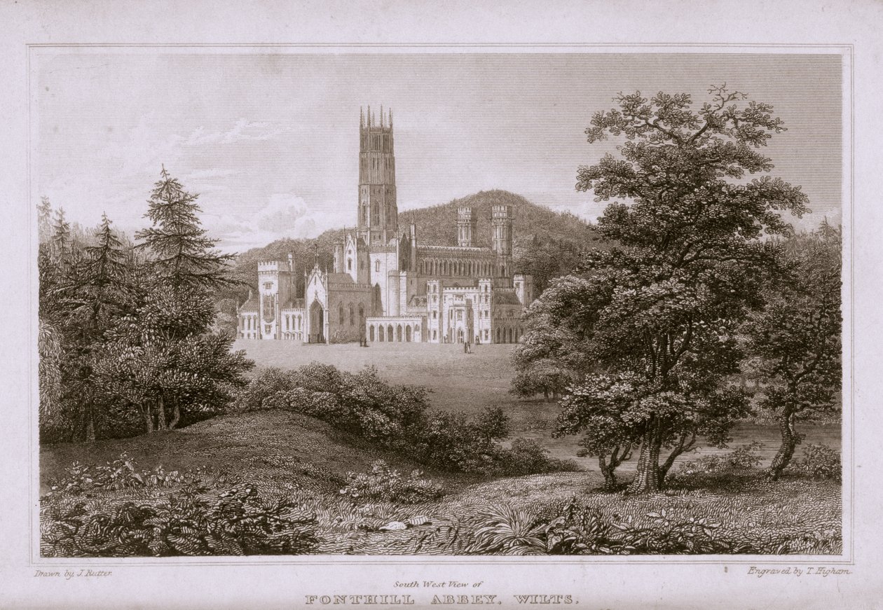 Jihozápadní pohled na opatství Fonthill, vyryl T. Higham, 1823 od J. after Rutter