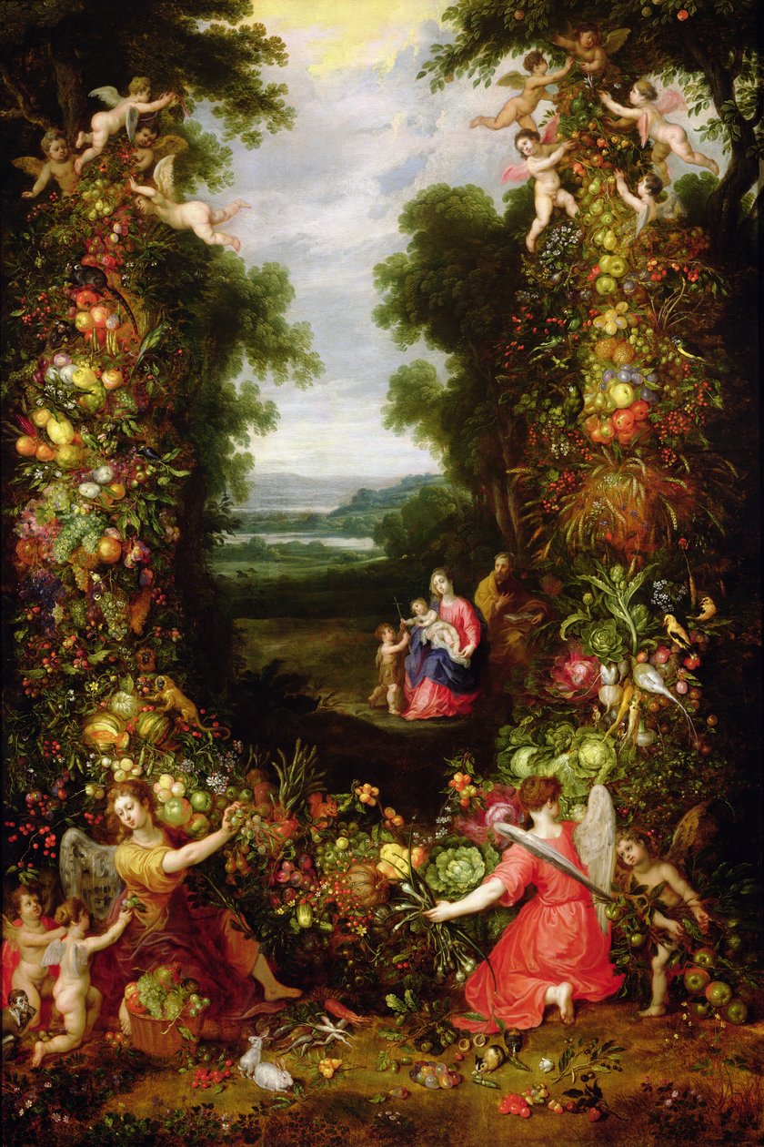 Svatá rodina v krajině s girlandou z ovoce a zeleniny (panel) od J. and Avont, P. van Brueghel