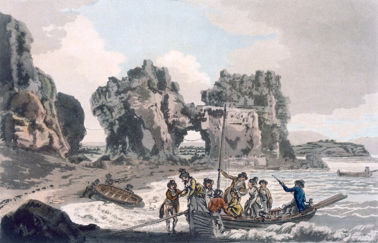 Pohled na Castle Rock, z místa přistání na Flat Holmes, z Malebného průvodce po Bath, Bristol Hot-Wells, řece Avon a přilehlé zemi, vydáno 1793 (barevná akvatinta) od J. and Ibbetson, J.C. Hassell