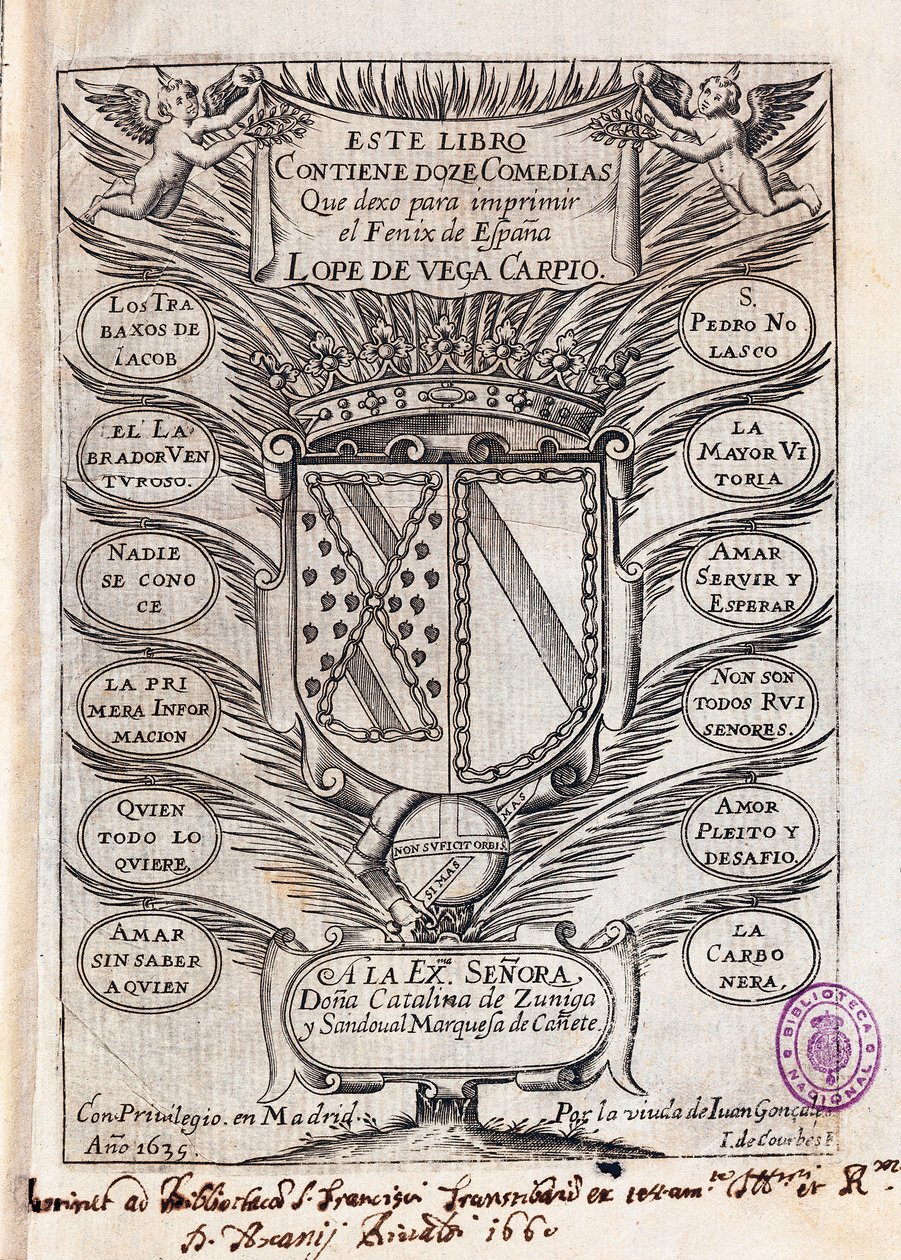 Polotitulní list sbírky dvanácti komedií Felixe Lopea od Vega Carpio (1562-1635) od J. de (after) Courbes