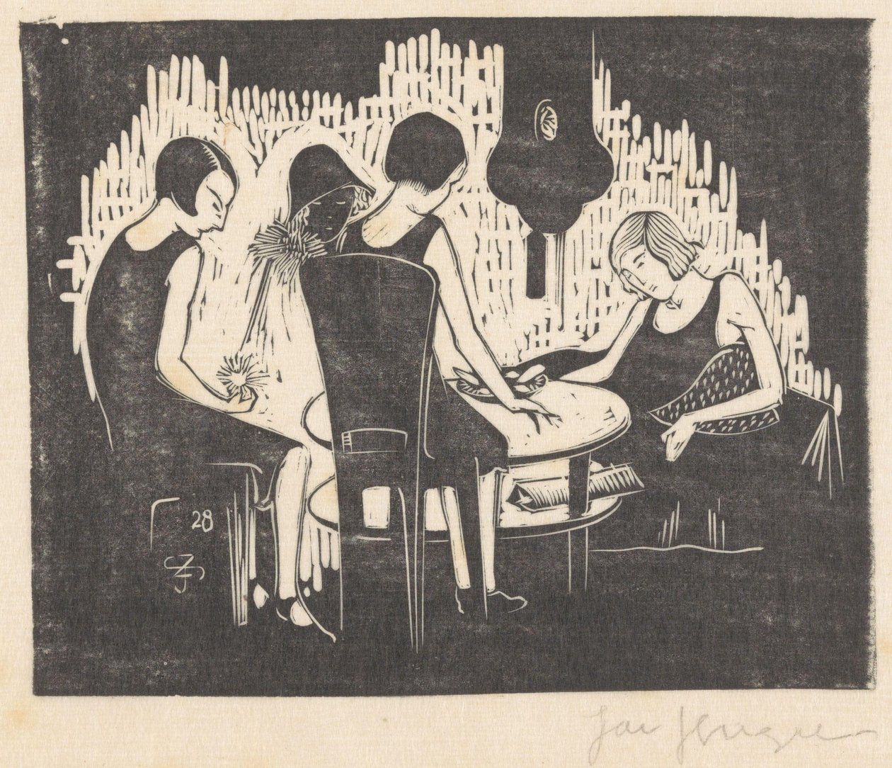 Čtyři ženy sedí u stolu od Jac Jongert (signed by artist)